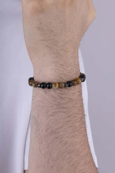 Gümüş Pazarım Yuvarlak Kesim Damarlı Akik Taşı Doğal Taş Erkek Bileklik - Resim 3