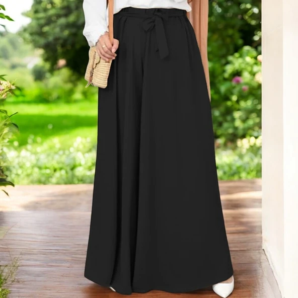 Kemerli Kadın Siyah Keten Pantolon - Resim 2