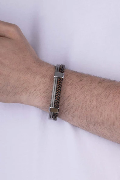 Gümüş Pazarım Çift Renk Örgü Model Gri Geçişli Erkek Deri Bileklik - Resim 2