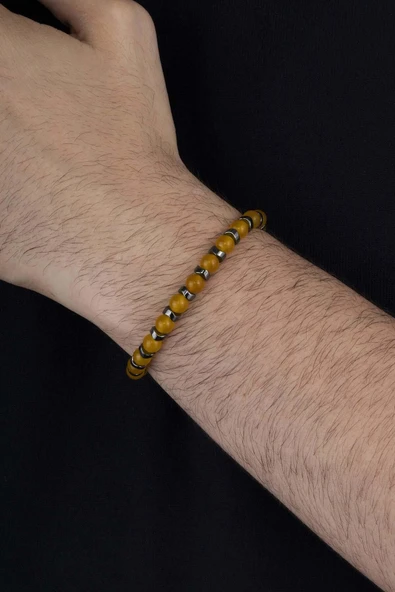 Gümüş Pazarım Hematit Geçişli Yuvarlak Kesim Sarı Ceyt Taşı Erkek Bileklik ürün görseli 1