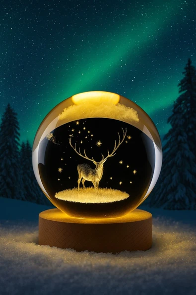 Ledli USB'li Ahşap Standlı Geyik Temalı Kristal Küre Renkli RGB LED 3D Oda Masa ve Gece Lambası - 5