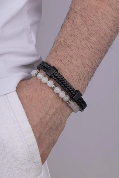 Gümüş Pazarım Tibet Akik Taşı Bileklik Çİft Sıra Örgü Model Deri Erkek Bileklik Kombini ürün görseli 1