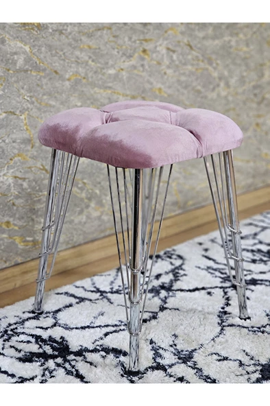 Kare Krom Kaplama Telli Ayaklı Tabure - Oturak - Bar Taburesi - Ayaklı Tabure Pembe Renk 48 x 33 Boyut/Ebat