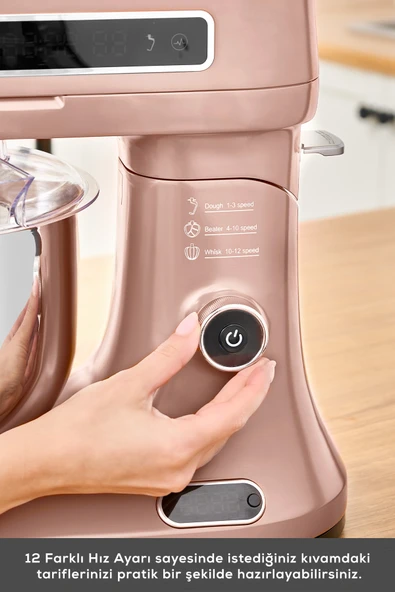 Karaca Pro Artisan Tartılı Dijital Ekran Zaman Ayarlı Döküm Hamur Yoğurma Makinesi Rosegold 1600W 5L - Resim 6