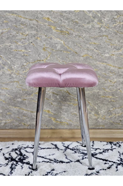 Kare Krom Kaplama Konik Ayaklı Tabure - Oturak - Bar Taburesi - Ayaklı Tabure Pembe Renk 48 x 33 Boyut/Ebat - Resim 3