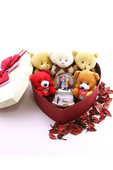 Seni Seviyorum Hediye Kutusu Sevgiliye Özel Romantik Kalpli Kutuda Ayıcık ve Kar Küresi Hediye Seti - 3