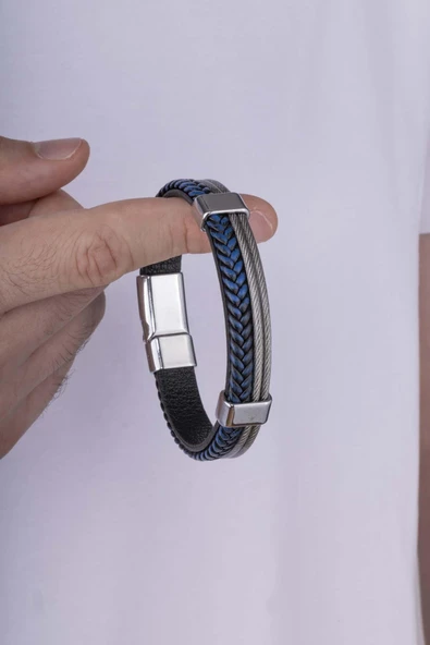 Gümüş Pazarım Lacivert Örgü Gri Detaylı Çift Renk Erkek Deri Bileklik - Resim 3