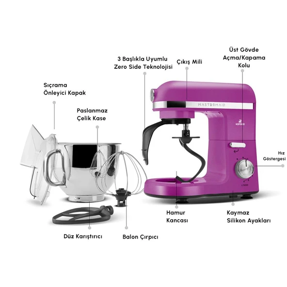 Karaca Mastermaid Chef Pro Çift Kollu Hamur Yoğurma Makinesi Fushia Love 1750W 5L - Resim 11