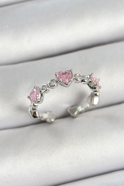 Pirinç Sıralı Kalp Figürlü Zirkon Taşlı Gümüş Renk Ayarlanabilir Kadın Yüzük