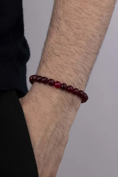 Gümüş Pazarım Bordo Renkli Yuvarlak Kesim Ceyt Taşı Erkek Bileklik ürün görseli 1