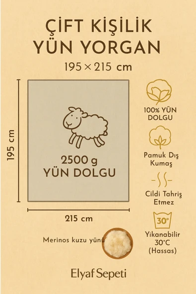 Çift Kişilik Merinos Kuzu Yünü Yorgan (%100 SAF MERİNOS KUZU YÜNÜ) 195 X 215 Cm Ebat, 3000 gram - 4