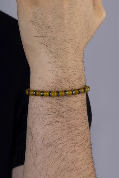 Gümüş Pazarım Hematit Geçişli Yuvarlak Kesim Sarı Ceyt Taşı Erkek Bileklik - Resim 2