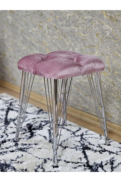 Kare Krom Kaplama Telli Ayaklı Tabure - Oturak - Bar Taburesi - Ayaklı Tabure Pembe Renk 48 x 33 Boyut/Ebat - 4
