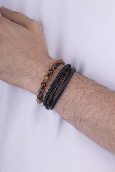 Gümüş Pazarım Akik Taşlı Doğal Taş Bileklik 3 Parçalı Erkek Deri Bileklik Kombini - 2