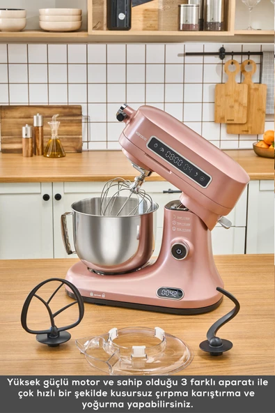 Karaca Pro Artisan Tartılı Dijital Ekran Zaman Ayarlı Döküm Hamur Yoğurma Makinesi Rosegold 1600W 5L - Resim 4