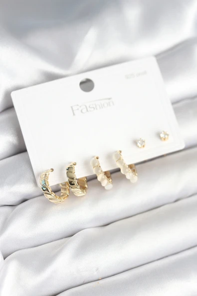 Gold Renk Pirinç Halka 925 Ayar Gümüş Çivili Kadın Küpe Seti ürün görseli