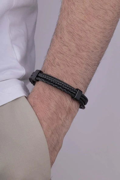 Gümüş Pazarım Örgü Model Çift Sıra Siyah Erkek Deri Bileklik ürün görseli 1