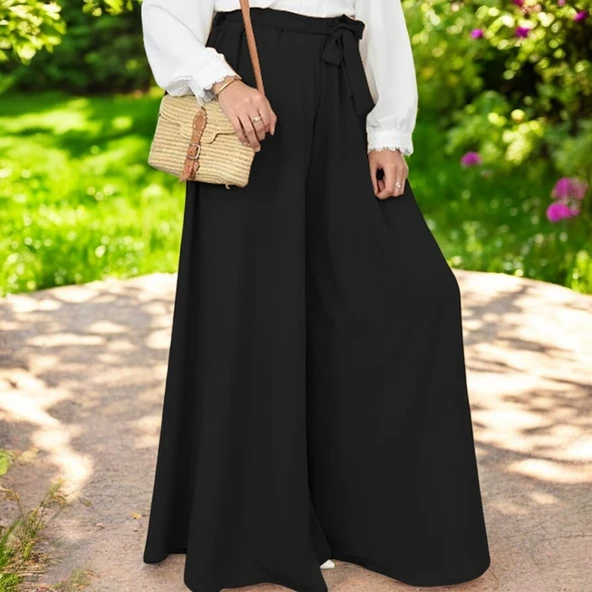 Kemerli Kadın Siyah Keten Pantolon ürün görseli 1