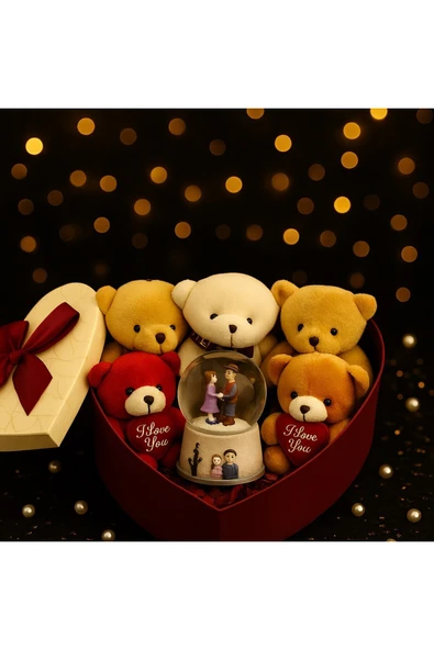 Seni Seviyorum Hediye Kutusu Sevgiliye Özel Romantik Kalpli Kutuda Ayıcık ve Kar Küresi Hediye Seti - 4