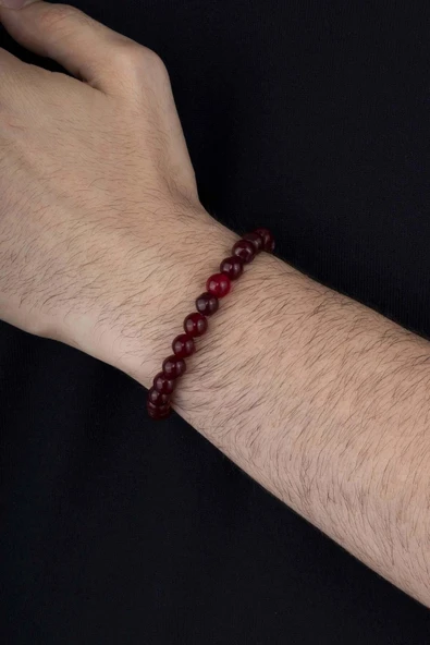 Gümüş Pazarım Bordo Renkli Yuvarlak Kesim Ceyt Taşı Erkek Bileklik - Resim 2