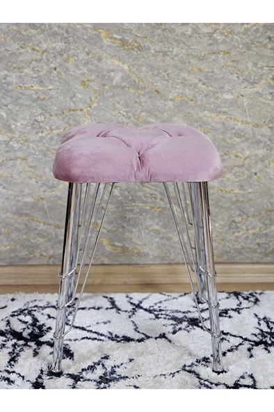 Kare Krom Kaplama Telli Ayaklı Tabure - Oturak - Bar Taburesi - Ayaklı Tabure Pembe Renk 48 x 33 Boyut/Ebat - 3