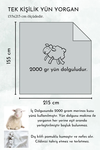 Tek Kişilik Merinos Kuzu Yünü Yorgan (%100 SAF MERİNOS KUZU YÜNÜ) 155 X 215 Cm Ebat, 2500 gram - 3
