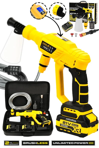 Assur 21V Kömürsüz Motor Yüksek Basınçlı Akülü Oto Araba Yıkama Makinesi Şarjlı - 1