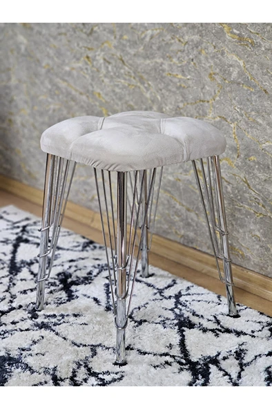 Kare Krom Kaplama Telli Ayaklı Tabure - Oturak - Bar Taburesi - Ayaklı Tabure Krem Renk 48 x 33 Boyut/Ebat - Resim 4