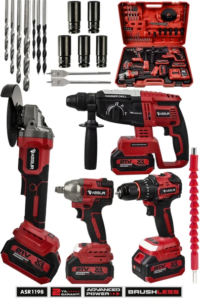 Assur 21V Darbeli Kömürsüz 4'lü Set Kırıcı Delici Hilti - Matkap Vidalama - Taşlama - Somun Sıkma Sökme - 1