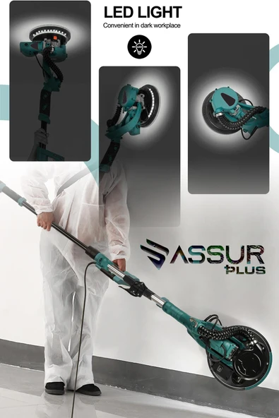 Assur Plus 850W Alçıpan Duvar Zımpara Makinası 360° Ledli Toz Emmeli - 3