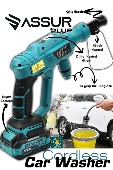 Assur Plus 21V Kömürsüz Motor Yüksek Basınçlı Akülü Oto Araba Yıkama Makinesi Şarjlı - 2