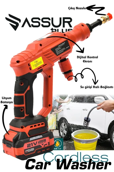Assur Plus 21V Kömürsüz Motor Yüksek Basınçlı Akülü Oto Araba Yıkama Makinesi Şarjlı - Resim 2