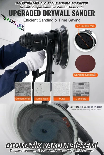 Assur Plus 360'Ledli 850W Pro Alçıpan Zımpara Makinası Toz Emmeli - 3