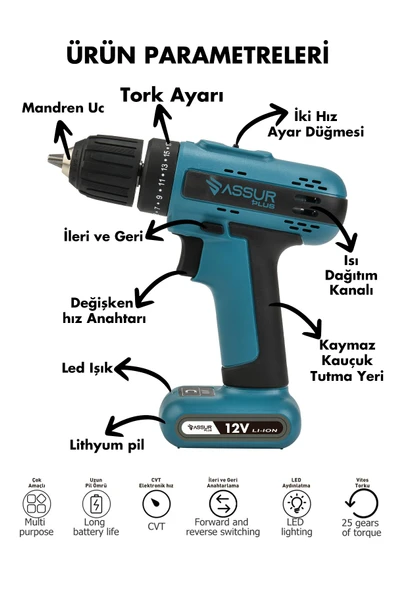 Assur Plus 12V Dahili Batarya Akülü Vidalama Şarjlı Matkap - 2