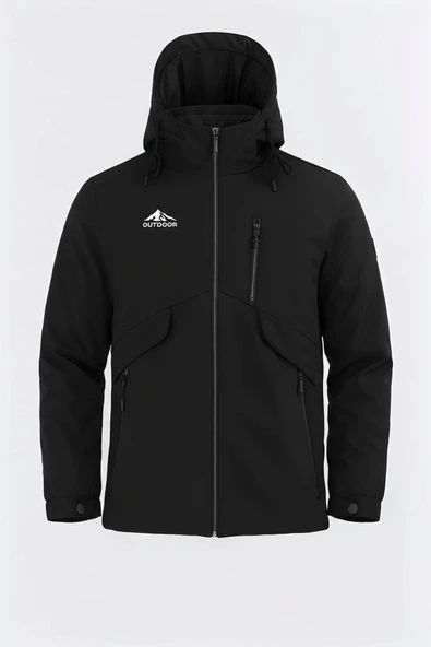 Erkek Siyah Outdoor Su İtici Kapüşonlu Kaban – Rüzgar Geçirmez, Hafif ve Dayanıklı