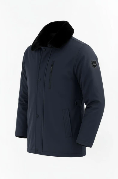 Erkek Lacivert Yakası Çıkartılabilir Kürklü Su İtici İçi Kürklü Kaban – Rüzgar Geçirmez, Hafif ve Dayanıklı - 2