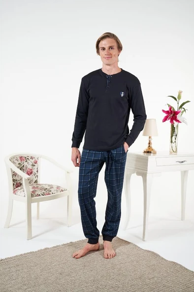 Estiva Penye İnterlok Kareli Uzun Kol Erkek Pijama Takım - Resim 7