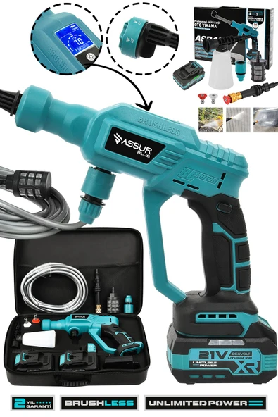 Assur Plus 21V Kömürsüz Motor Yüksek Basınçlı Akülü Oto Araba Yıkama Makinesi Şarjlı - 1