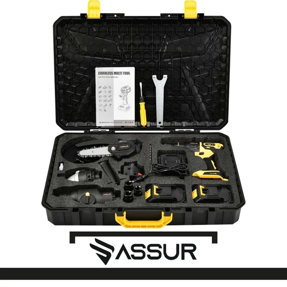 Assur 5 Başlıklı Set 21 Çift Akülü Vidalama + Budama Testeresi + Taşlama + Tilki Kuyruğu + Somun Sıkma - 2