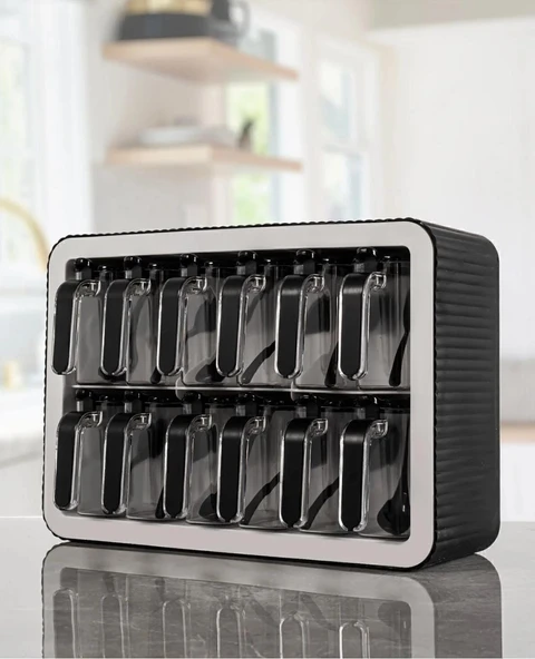 Dekoratif Stand Baharatlık 12 li Kaşıklı Kapaklı Baharatlık Takımı - Siyah Beyaz