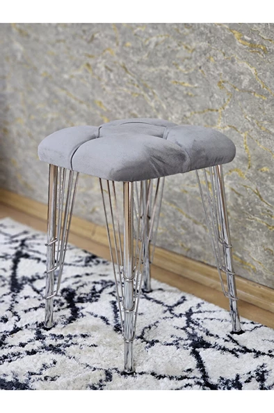 Kare Krom Kaplama Telli Ayaklı Tabure - Oturak - Bar Taburesi - Ayaklı Tabure Gri Renk 48 x 33 Boyut/Ebat - Resim 4