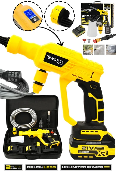 Assur Plus 21V Kömürsüz Motor Yüksek Basınçlı Akülü Oto Araba Yıkama Makinesi Şarjlı - 1