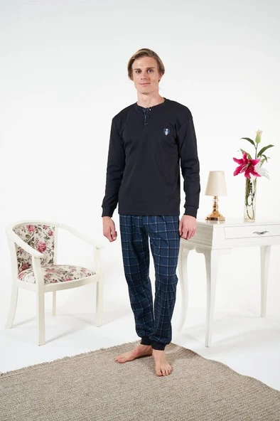 Estiva Penye İnterlok Kareli Uzun Kol Erkek Pijama Takım - Resim 5