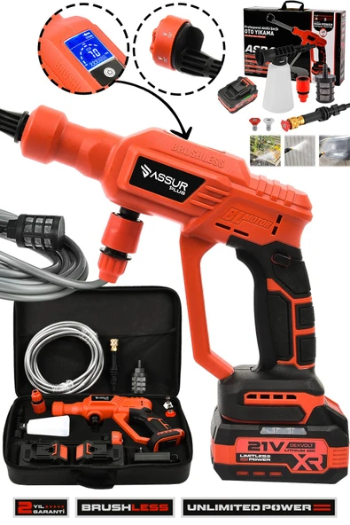 Assur Plus 21V Kömürsüz Motor Yüksek Basınçlı Akülü Oto Araba Yıkama Makinesi Şarjlı ürün görseli