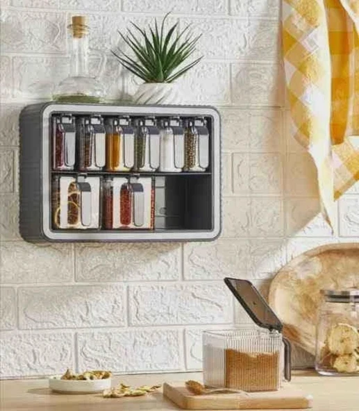 9'lu Standlı Kendinden Yapışkanlı Kaşıklı Kapaklı Baharatlık Takımı GRİ RENK