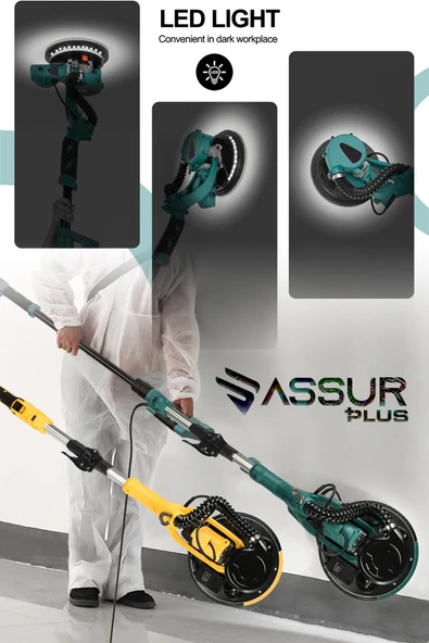 Assur Plus 850W Alçıpan Duvar Zımpara Makinası 360° Ledli Toz Emmeli - Resim 3