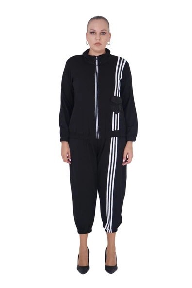 Kadın Büyük Beden Beyaz Şeritli Alt Üst Spor Şık Pamuk Takım ürün görseli