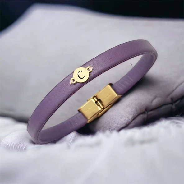 14 Ayar Altın Plakalı Harfe Özel Doğal Mor Derili Yuvarlak Figürlü Hediye Bileklik-546 ürün görseli