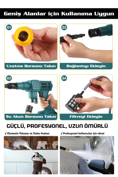 Assur Plus 21V Kömürsüz Motor Yüksek Basınçlı Akülü Oto Araba Yıkama Makinesi Şarjlı - Resim 3