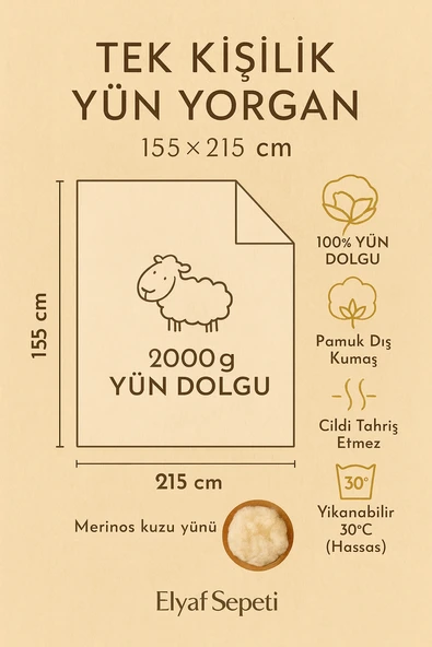 Tek Kişilik Merinos Kuzu Yünü Yorgan (%100 SAF MERİNOS KUZU YÜNÜ) 155 X 215 Cm Ebat, 2500 gram - 4